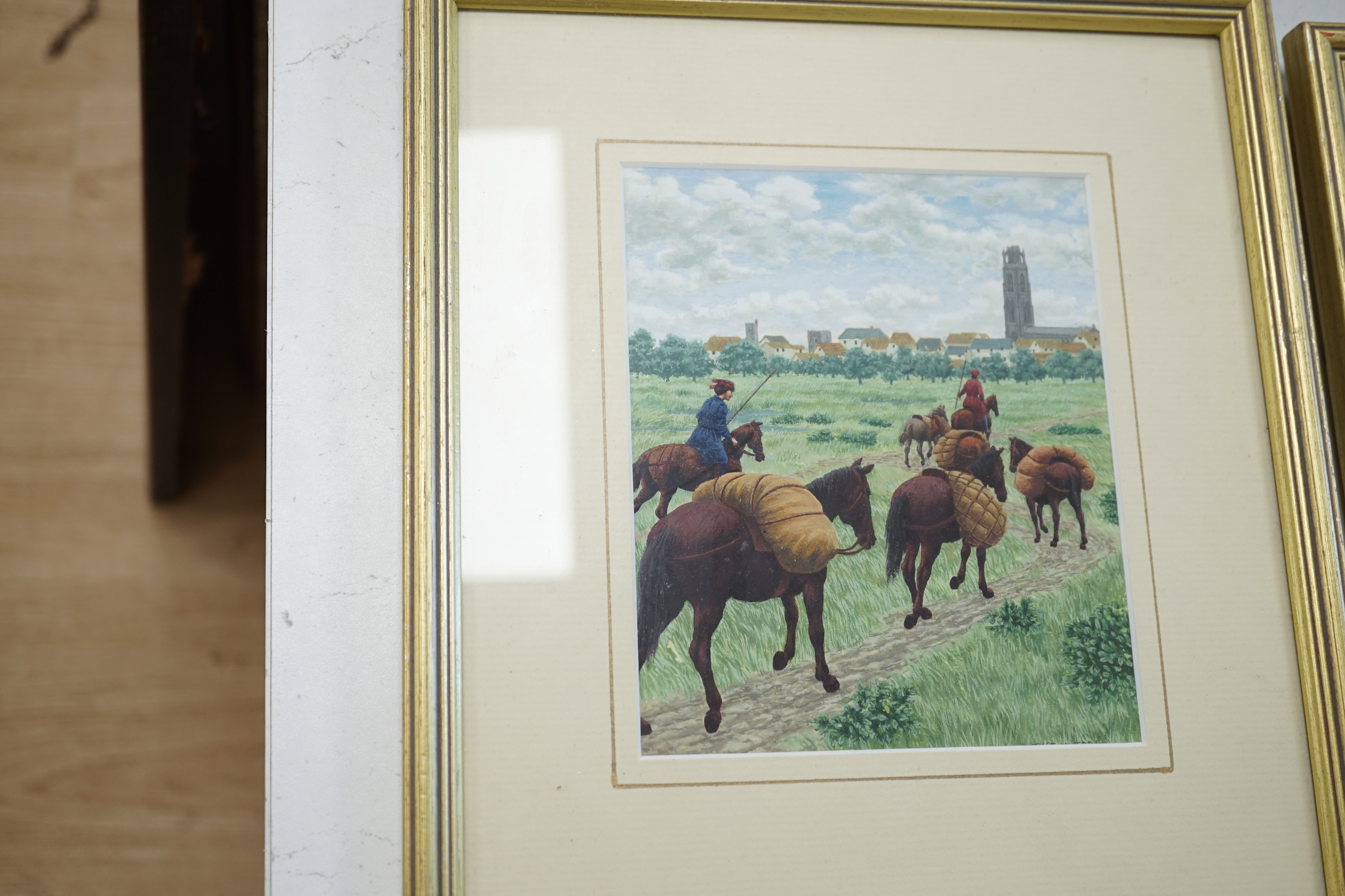 Justin Todd (Illustrator, b.1932), set of three gouaches, ‘15th century wool traders’, ‘Street ball game’ and ‘Sheep shearing’, signed, labels verso, each 16 x 13cm. Condition - good